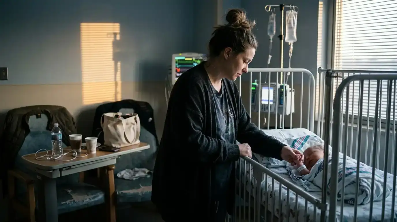 Strong, resolved mother standing by baby's hospital crib in the morning light