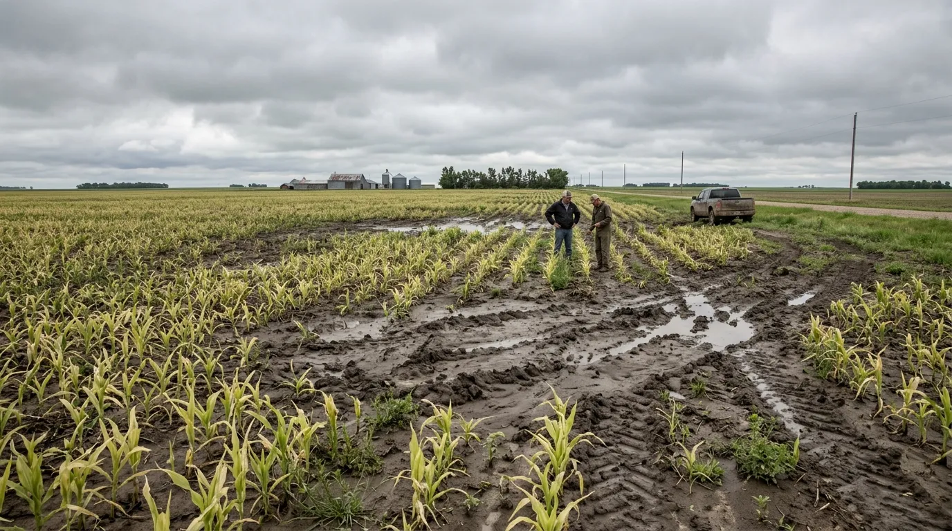 A midwestern cornfield with uneven, stunted corn stalks and patches of bare, compacted wet mud.
