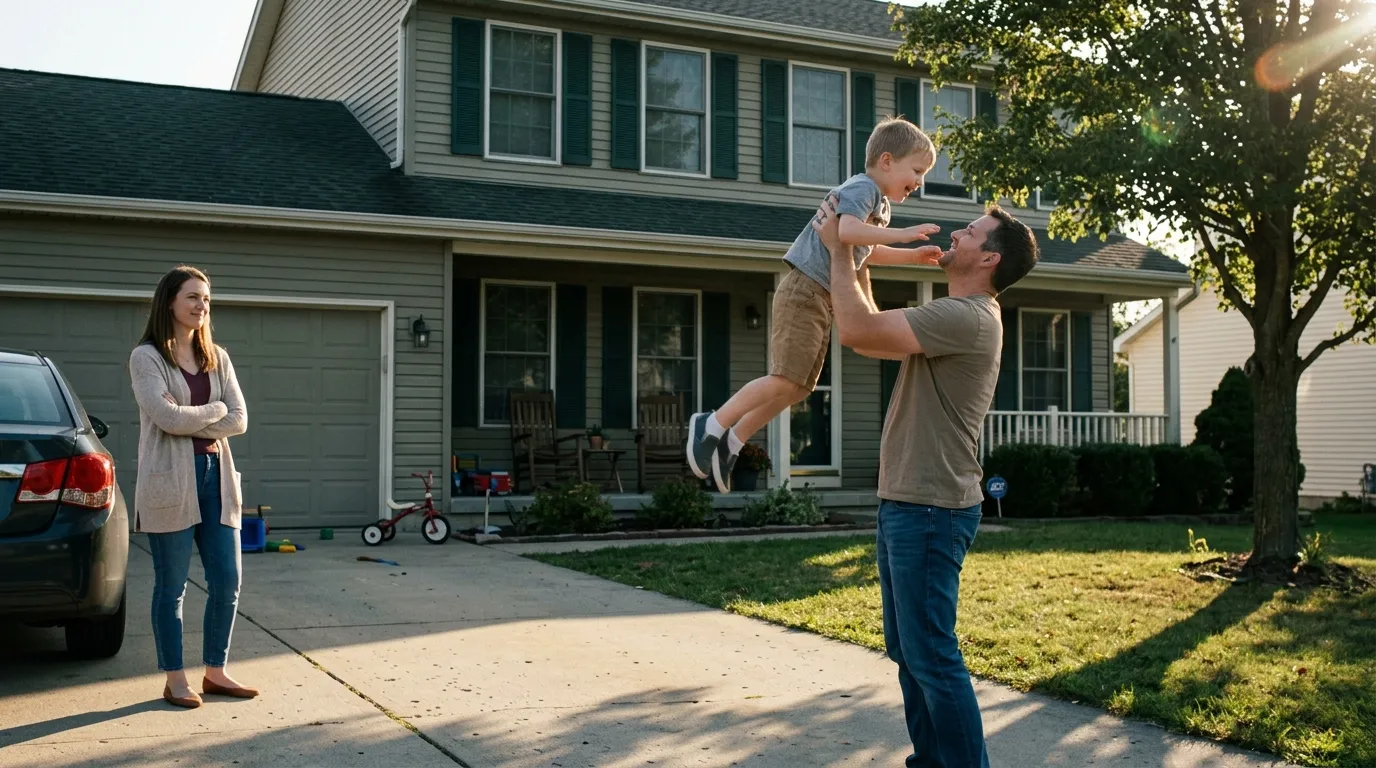 A father lifting a young boy in the air in front of a suburban house as a woman watches