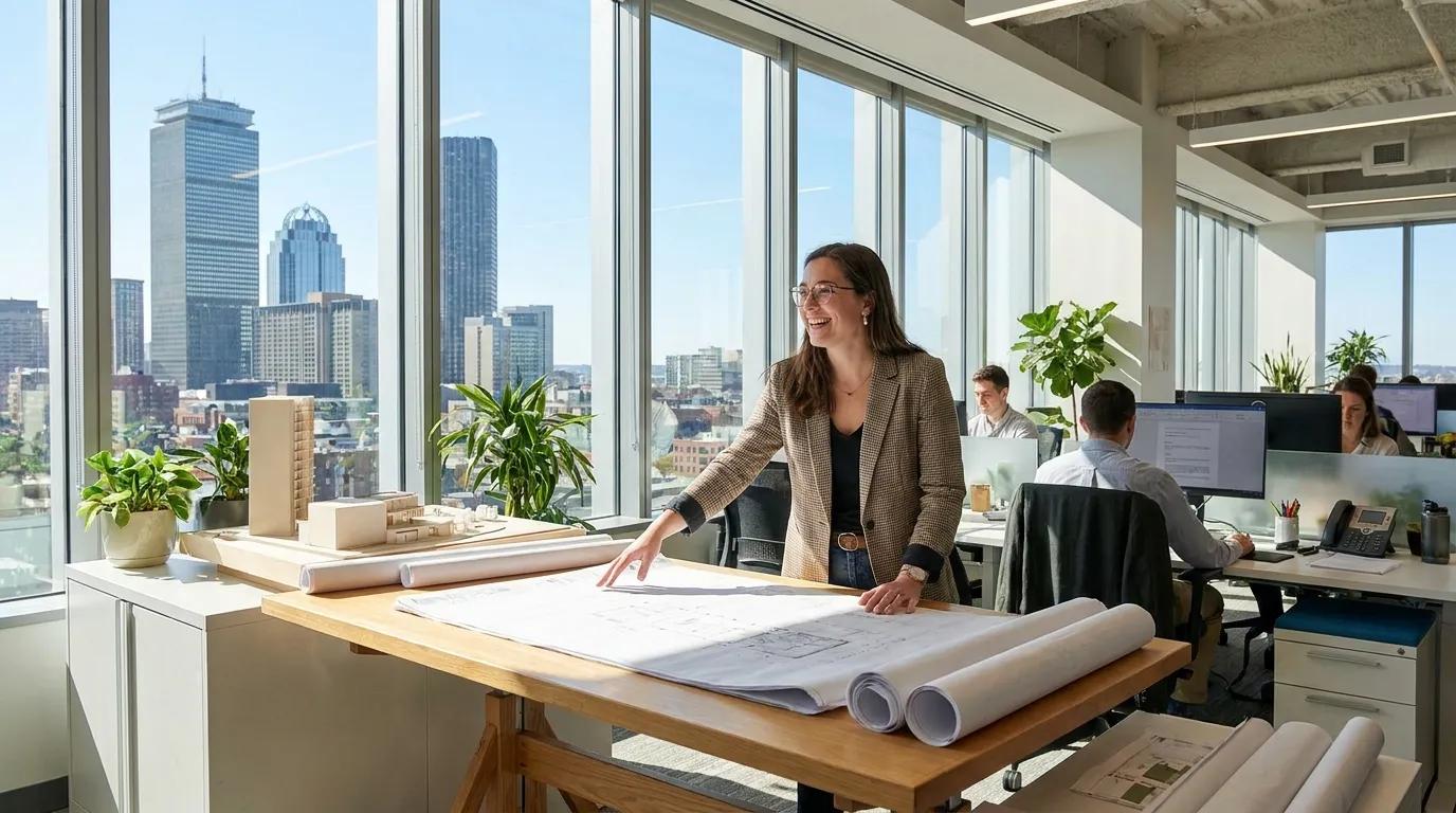 Confident female architect smiling in a modern sunlit office looking at blueprints