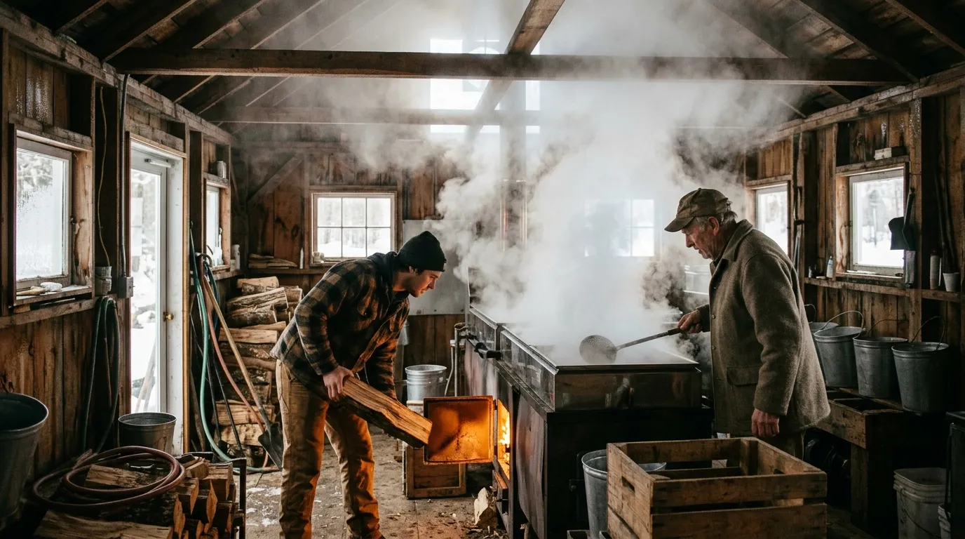 Old man and young man working inside a steamy maple sugar shack