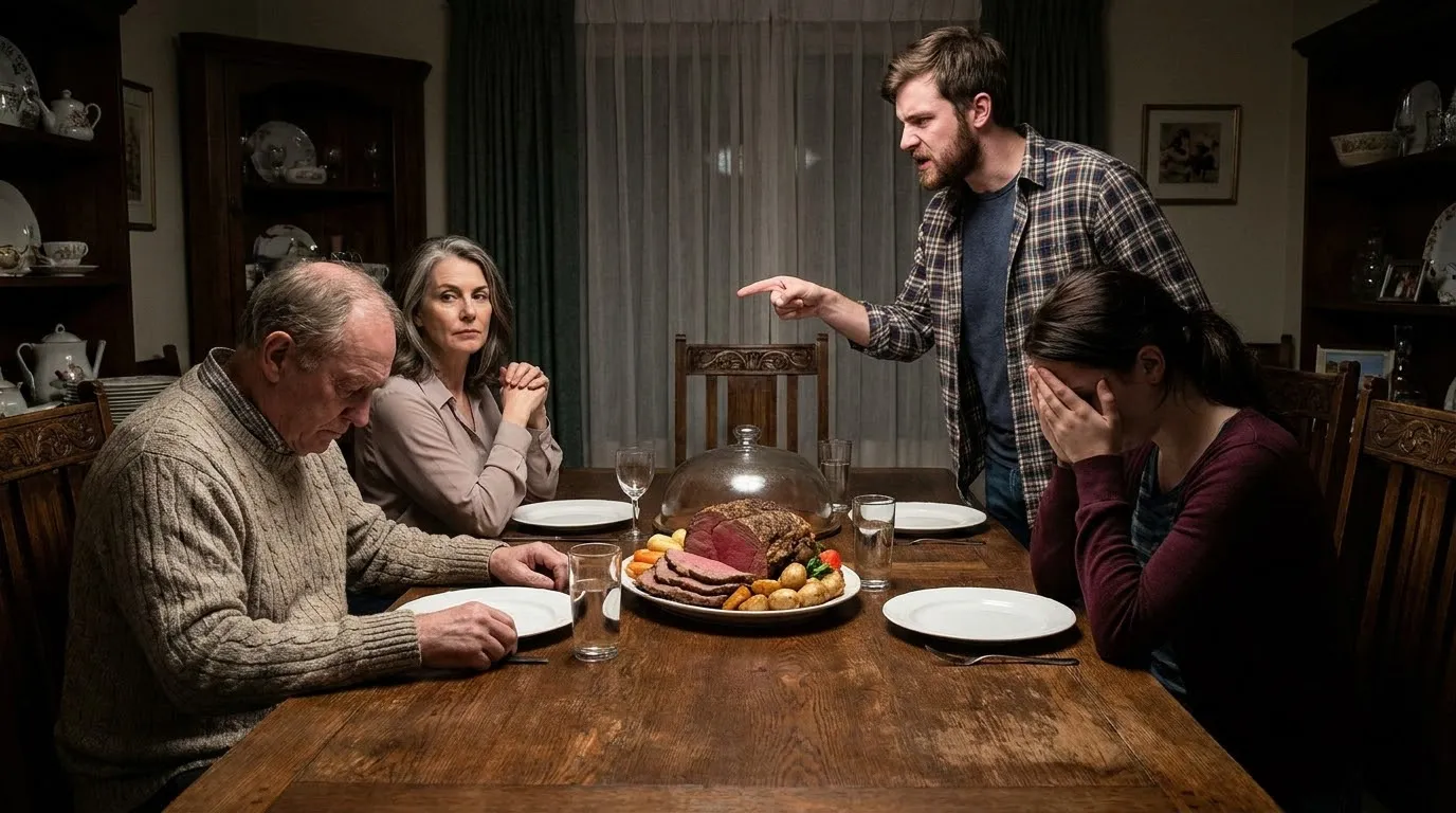 A tense family dinner where a son confronts his weeping wife and guilty father while his mother watches calmly.