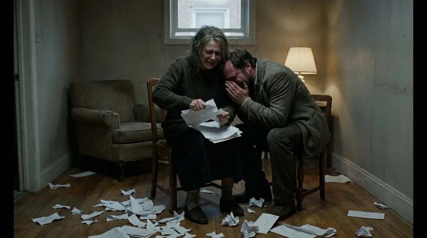 Woman tearing up divorce papers while a man cries on her shoulder