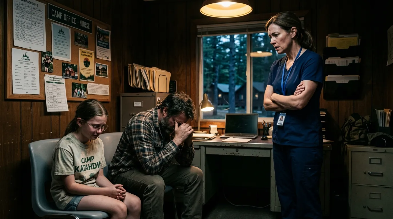 A tense scene in a camp office with a nurse looking shocked at a man and a young girl