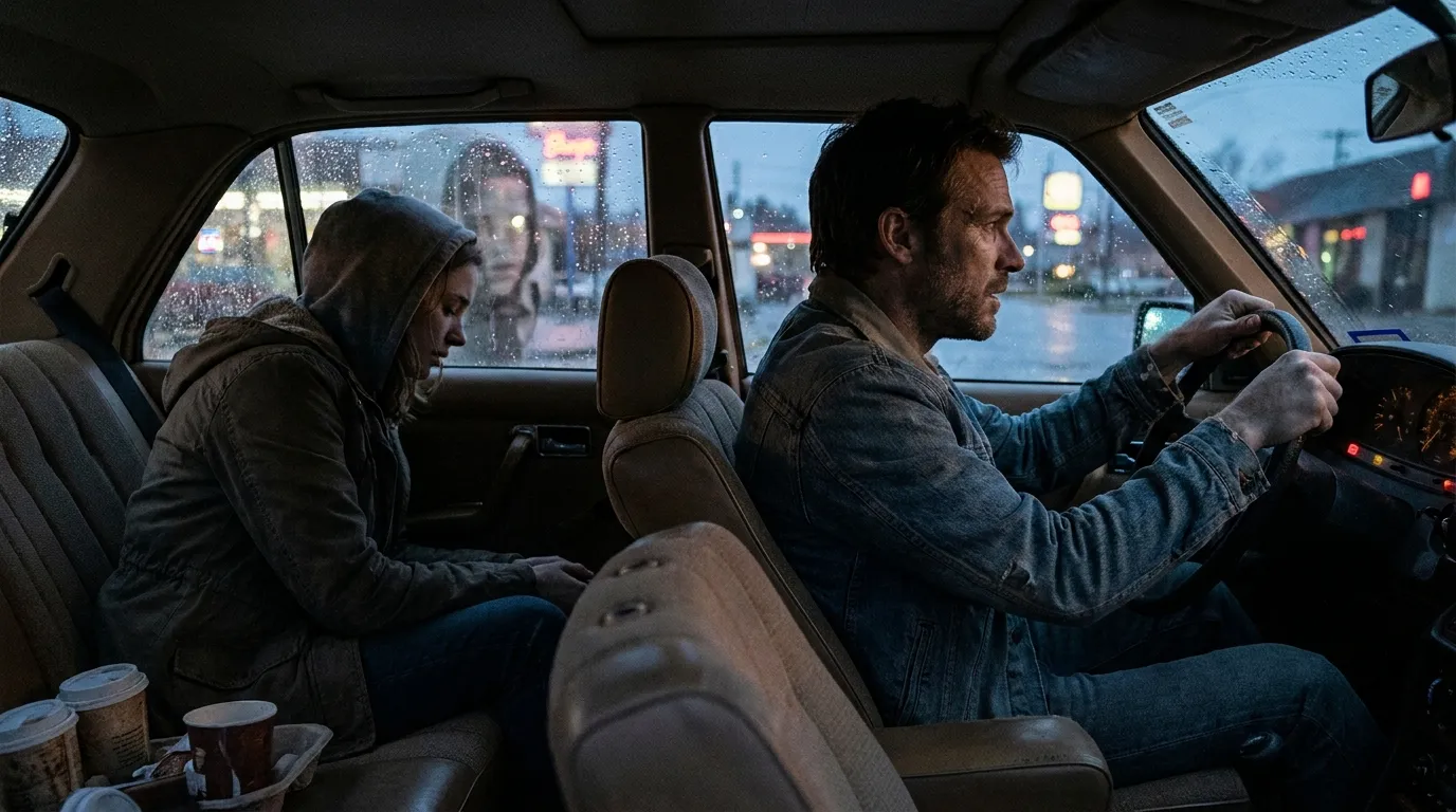 A tense couple driving home in silence at dusk, processing heavy medical news.
