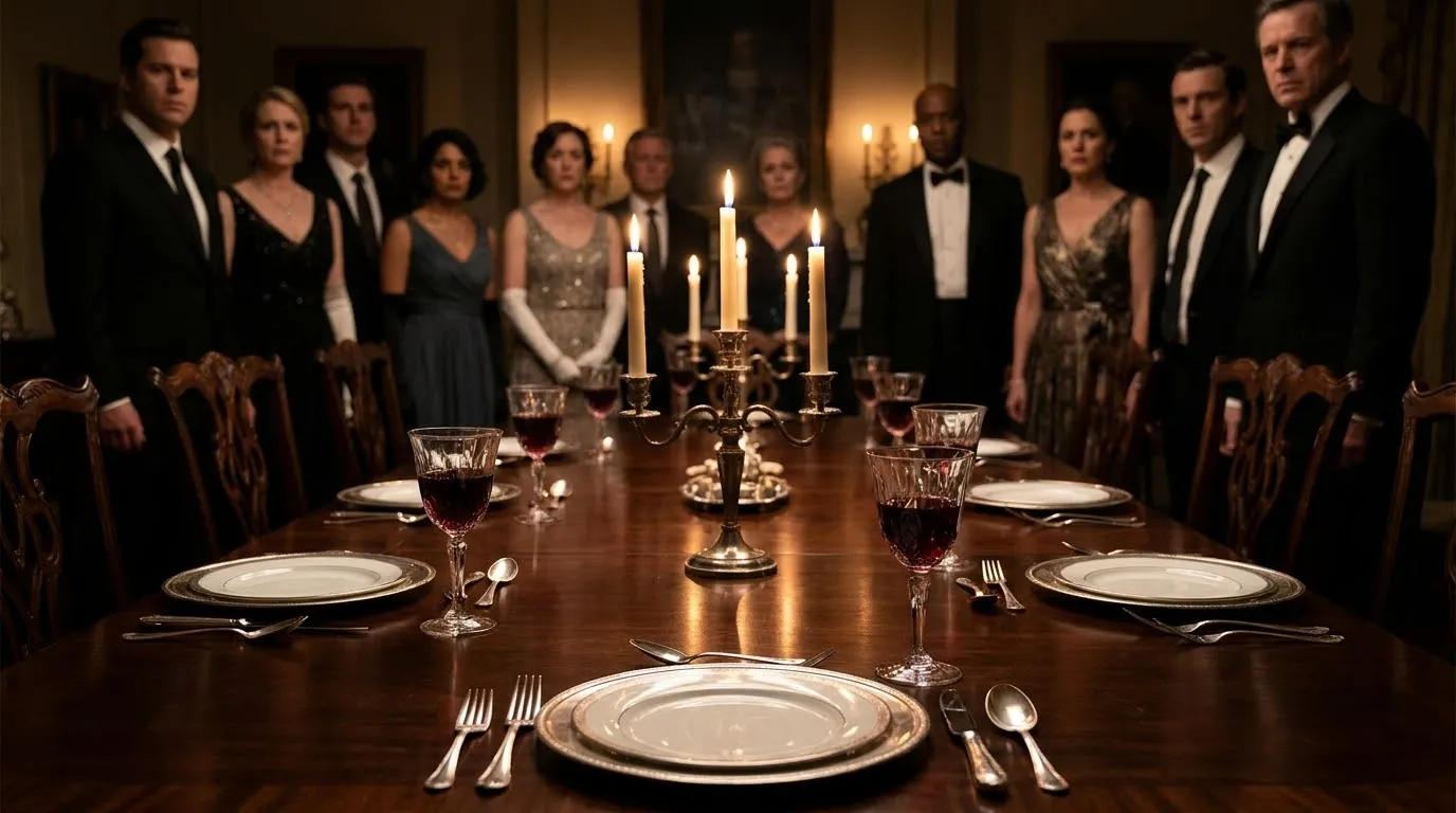 An elegant dinner table set with fine china and candles, surrounded by out-of-focus guests