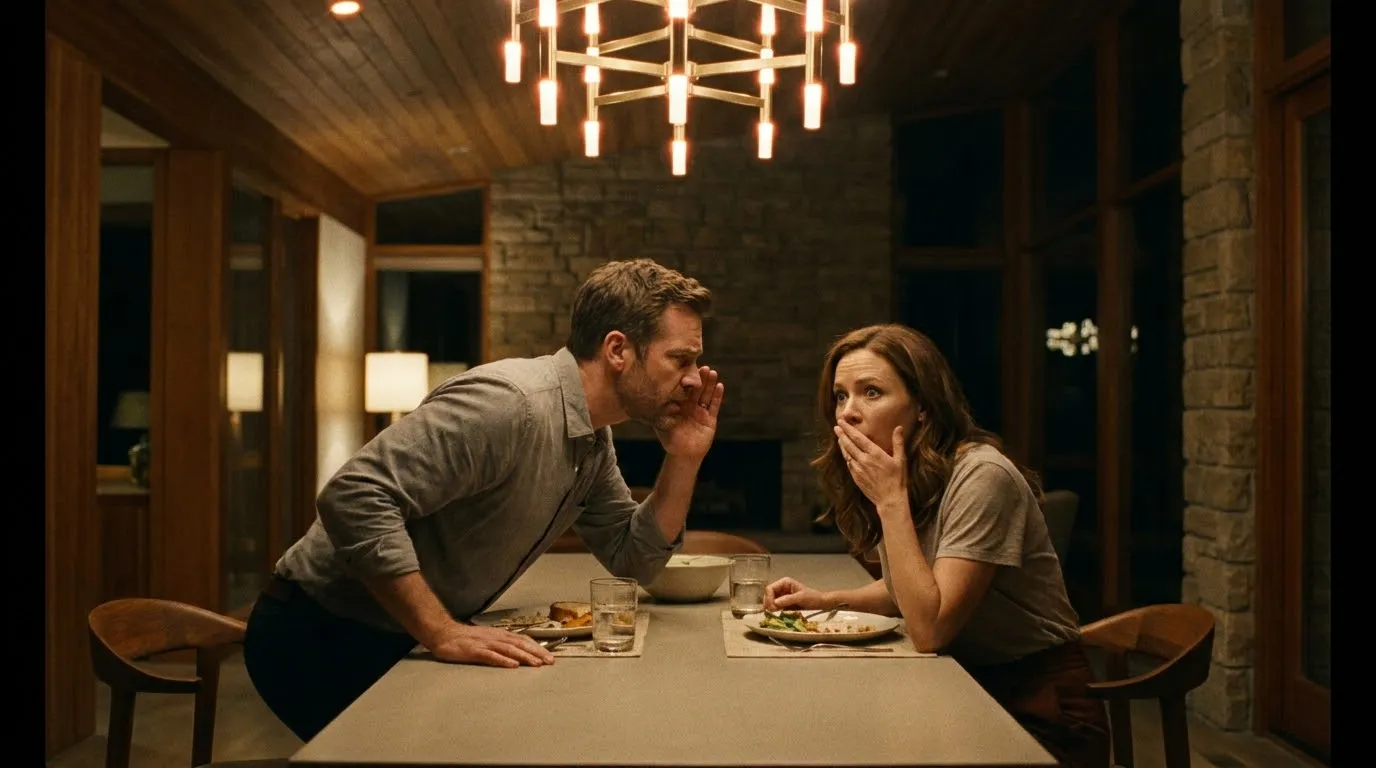 Husband whispering an indecent proposal to his shocked wife at the dinner table