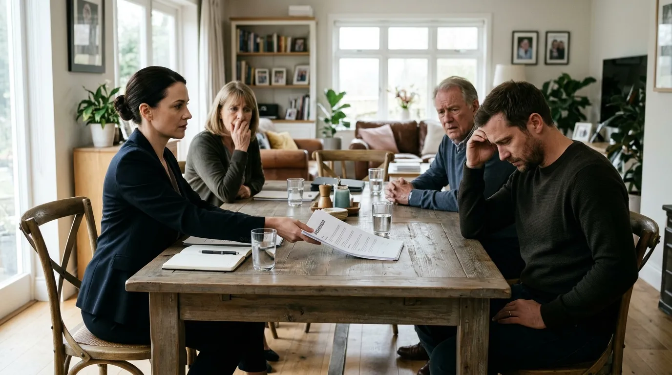 A tense family meeting around a wooden table with legal documents laid out