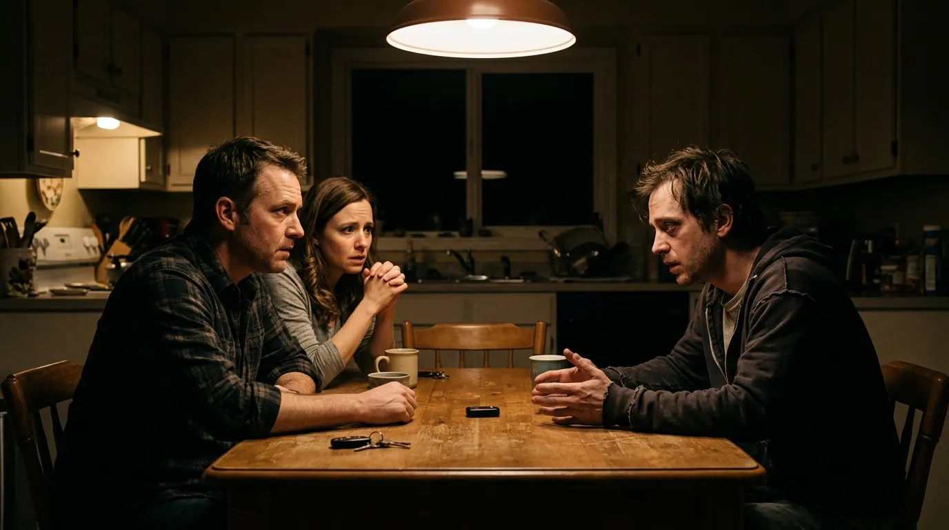 Three adults sitting tensely around a kitchen table at night with a small device between them