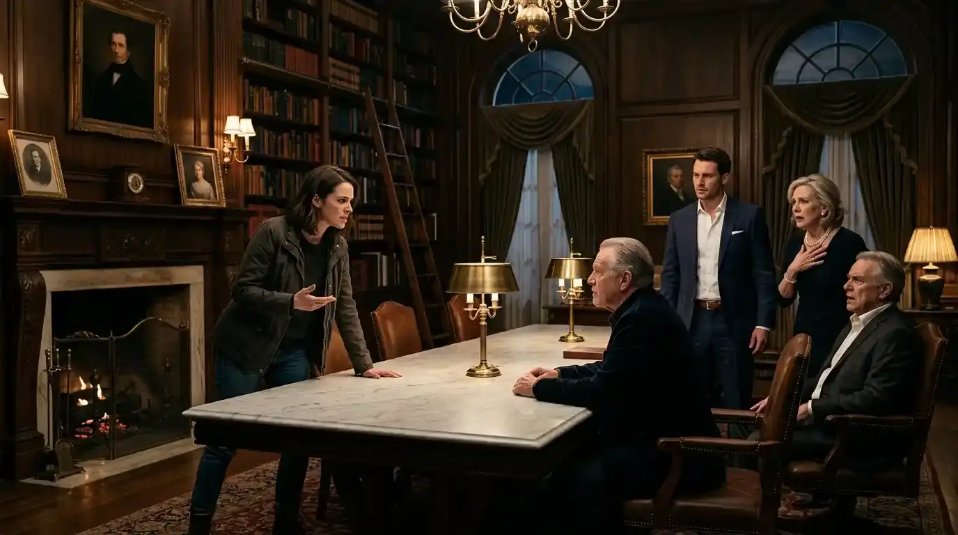 A tense standoff in an opulent dark wood-paneled library between a young woman and her wealthy family