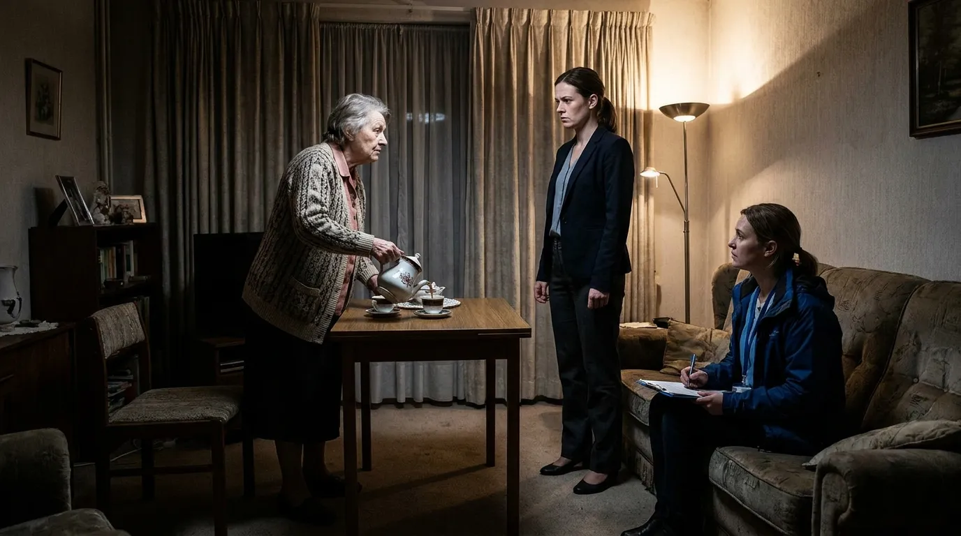 Elderly woman pouring tea while facing a younger woman and a social worker with a clipboard