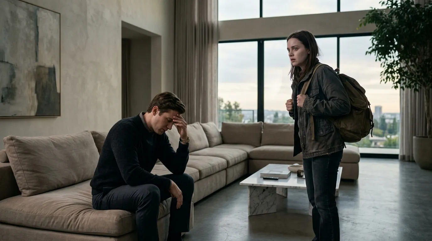 A wealthy young man looking down as his girlfriend stares at him in absolute shock