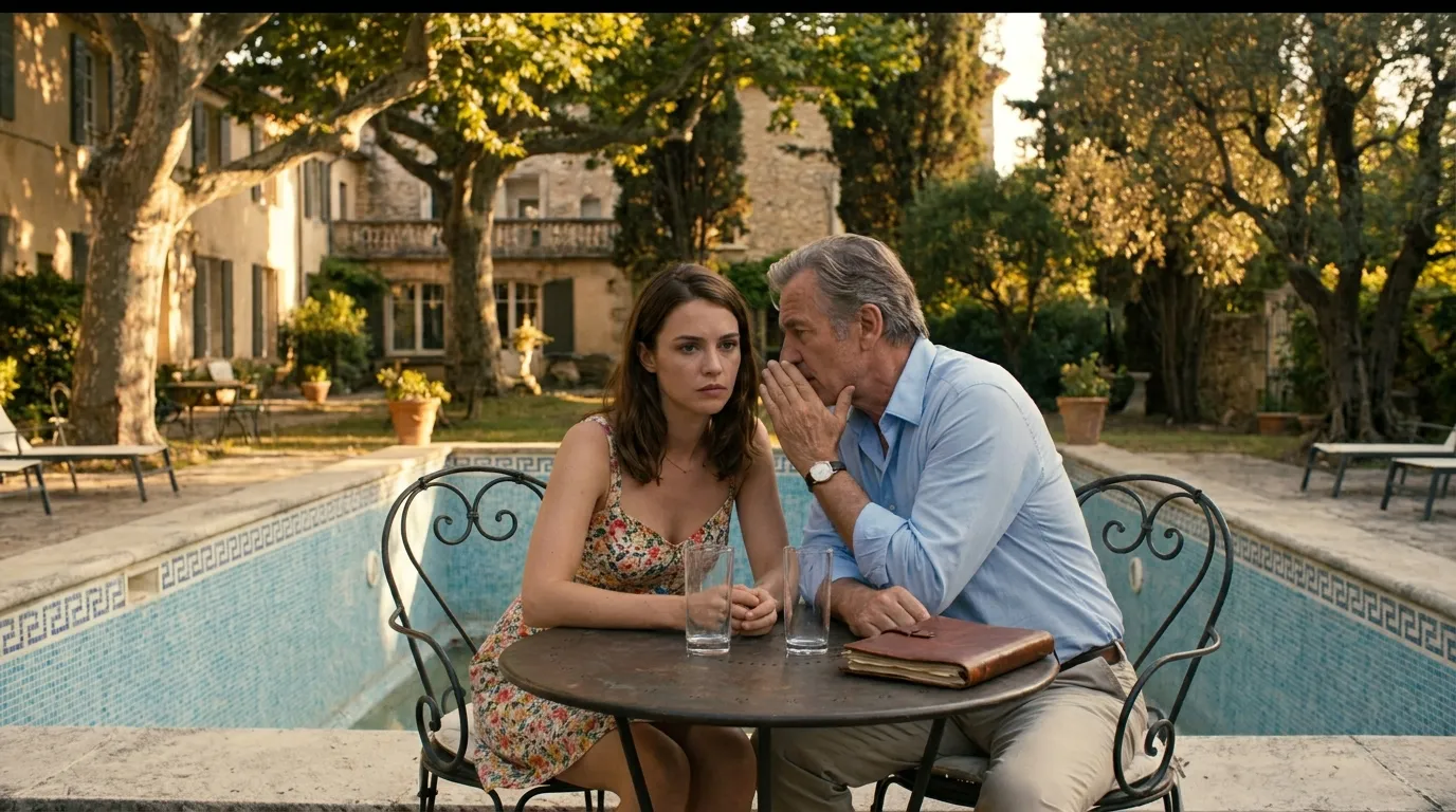 Young woman and older man sitting at a hotel pool looking tense
