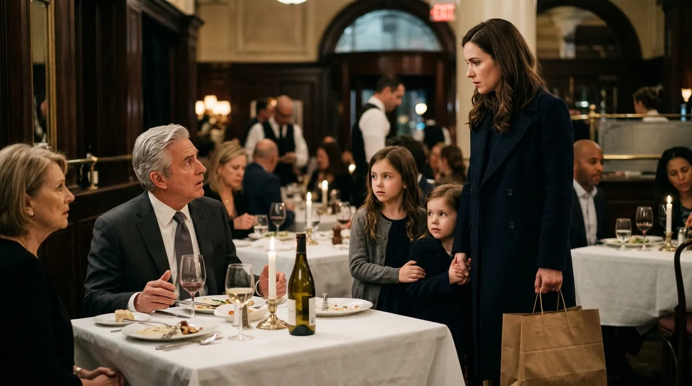 Young mother standing up at a restaurant table against her wealthy father while holding her daughters' hands