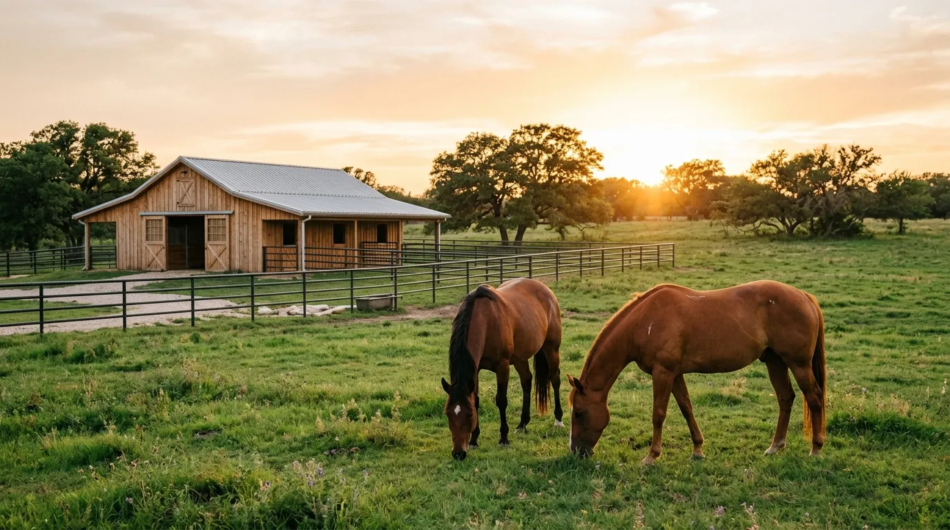 Two horses grazing in a green Texas pasture near a wooden barn at sunset