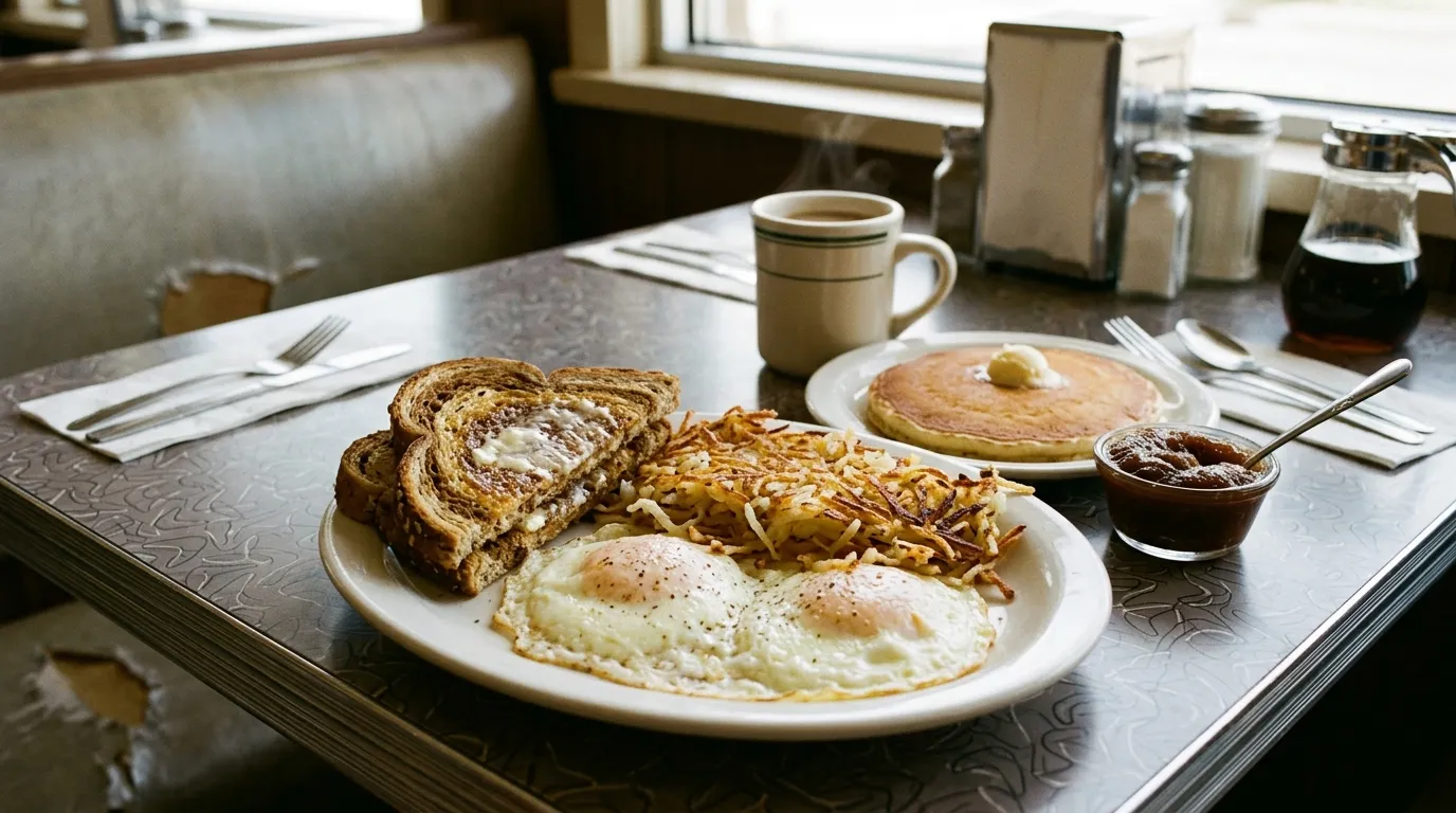 A classic diner breakfast featuring two eggs, hash browns, rye toast, and a single pancake on a side plate