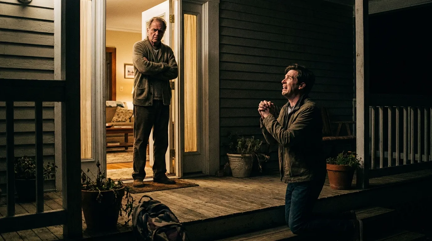 A police officer stepping into a living room with handcuffs drawn, while a man drops to his knees.