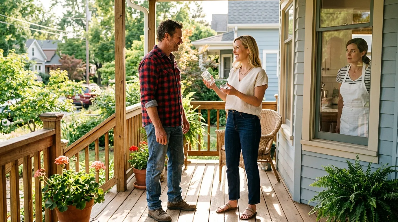 Stylish neighbor asking a husband for help while his wife watches from the window