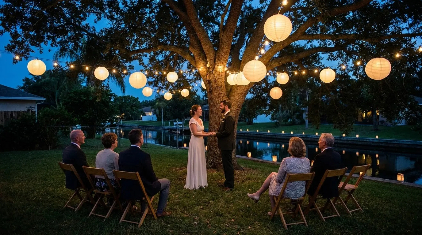 A beautiful backyard wedding at dusk with paper lanterns hanging from oak trees