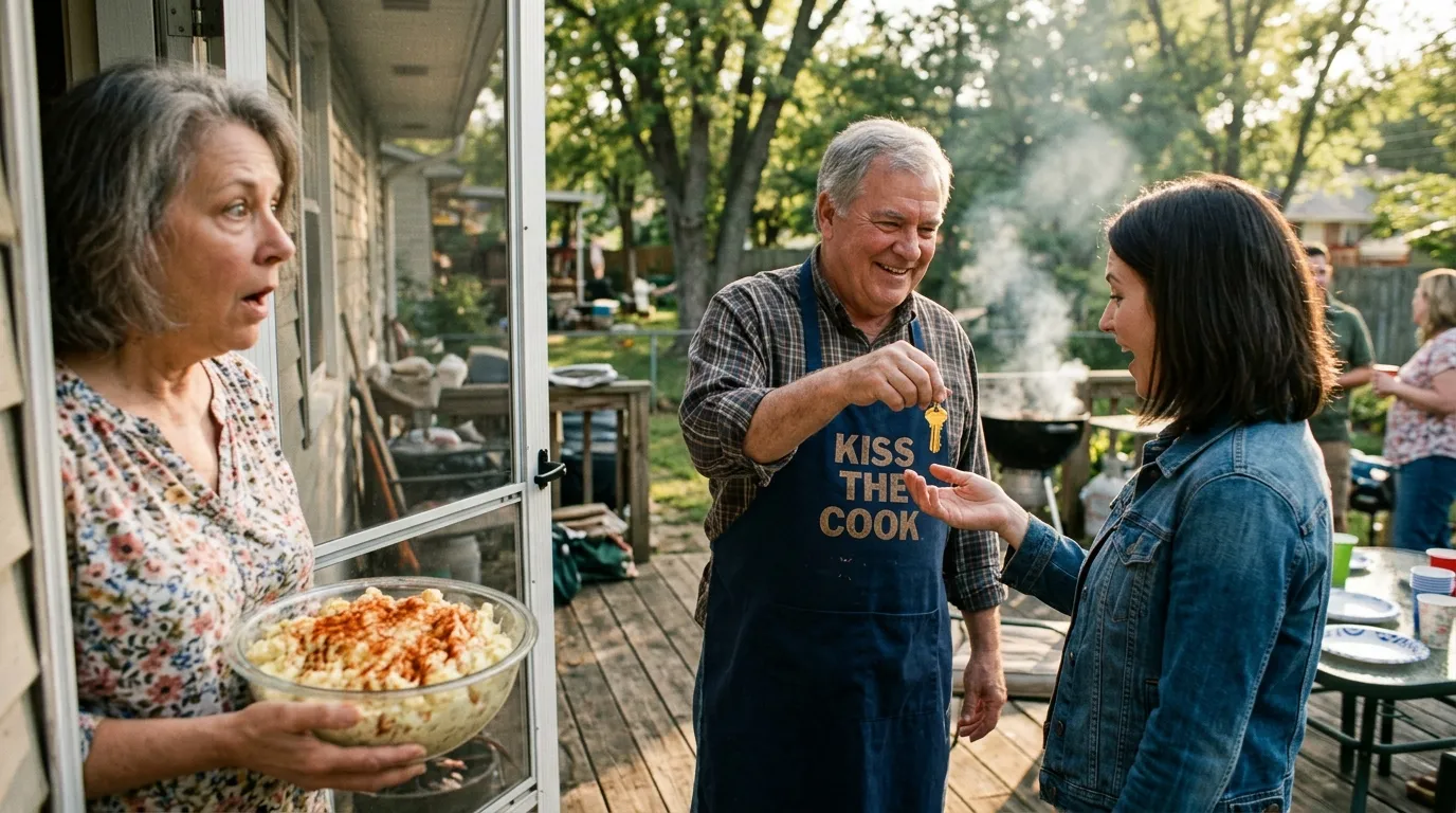 Man handing keys to his daughter while his wife watches from the doorway holding potato salad