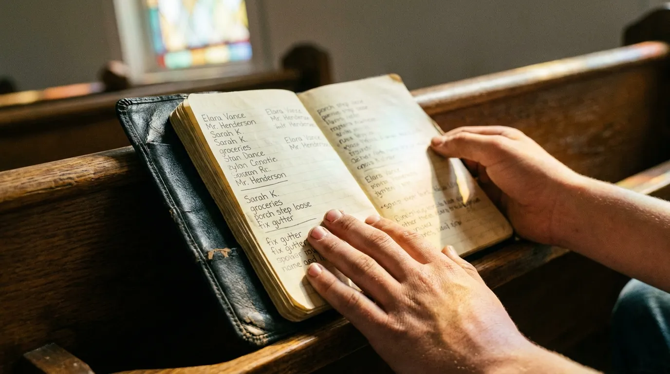 Close up of a black notebook filled with handwritten names and tasks