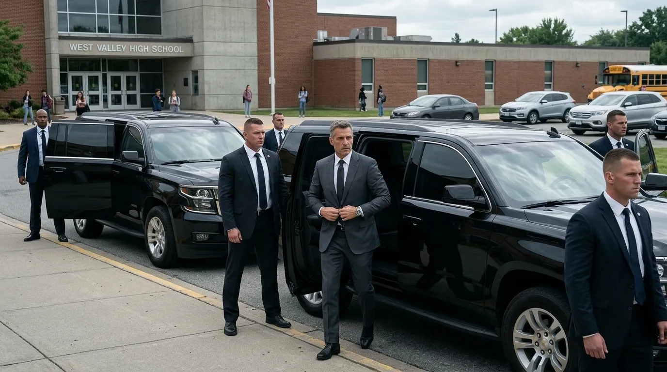 Three black SUVs parked near a sidewalk with men in dark suits stepping out.