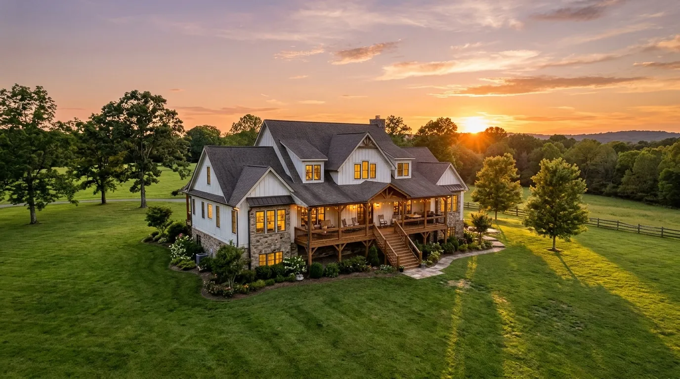 A beautiful two-story countryside house with a back porch at sunset