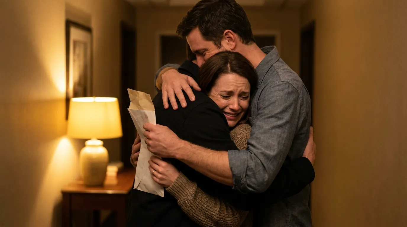 A couple embracing tightly in a warmly lit hallway