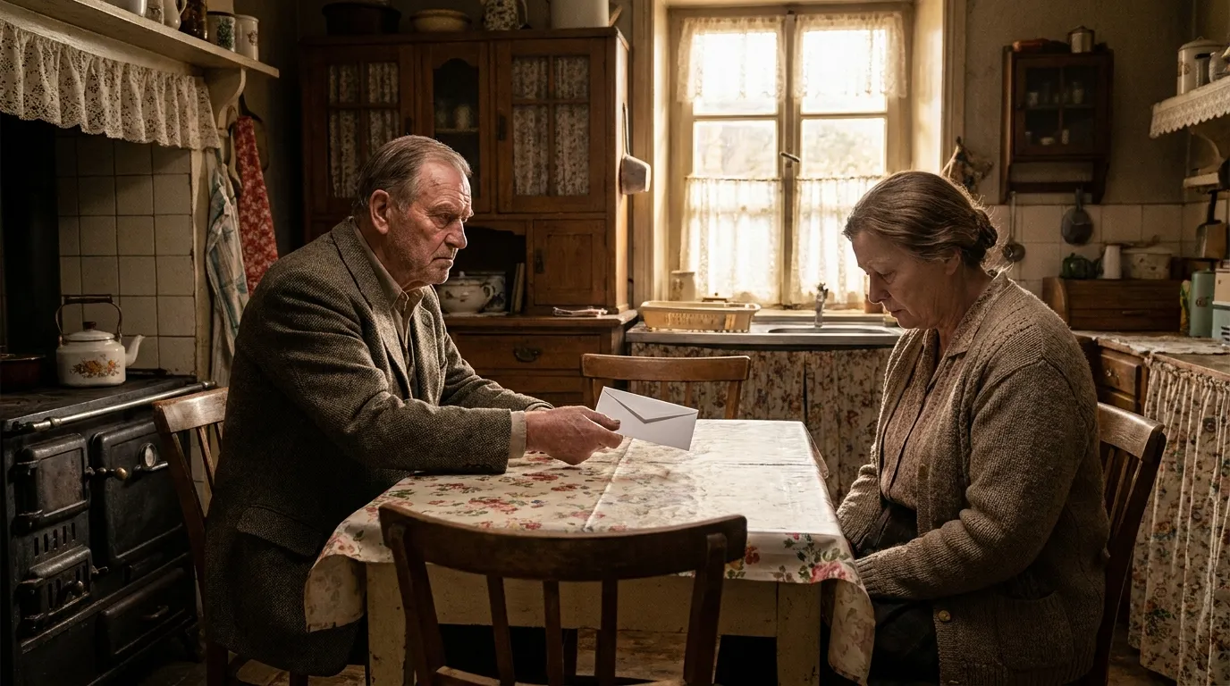 Elderly man handing a white envelope to his wife in a vintage kitchen