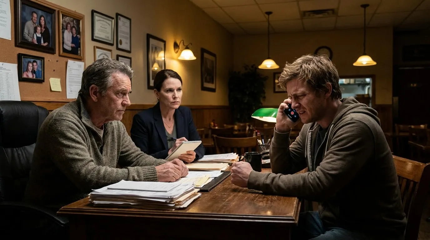 A young man making a stressful recorded phone call in a dark office with an FBI agent