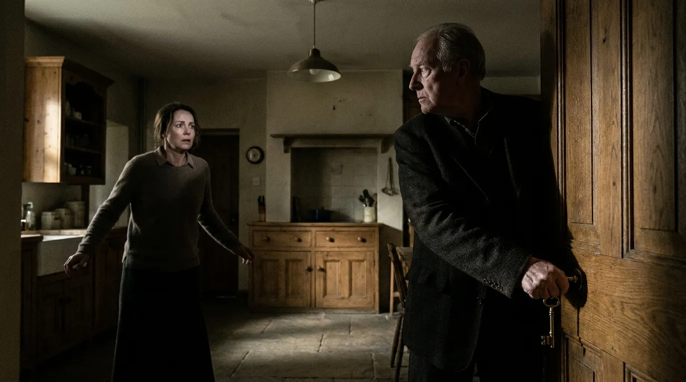 Elderly man standing by a locked kitchen door while a younger woman looks on in shock