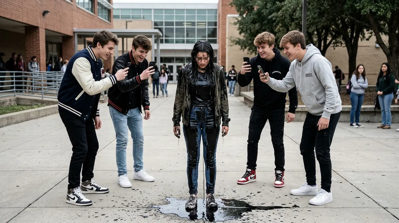 A teenage girl covered in black paint while four wealthy boys laugh and record her on their phones.