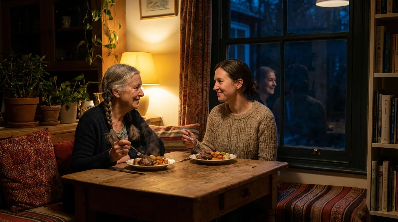 Two women sitting at a wooden kitchen table eating dinner, with the younger woman's reflection visible in the dark window.