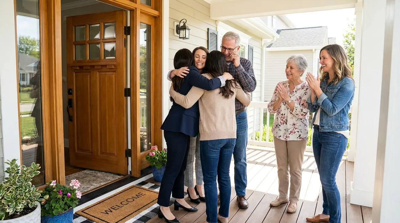 Three adult women warmly embracing an elderly man at his front door