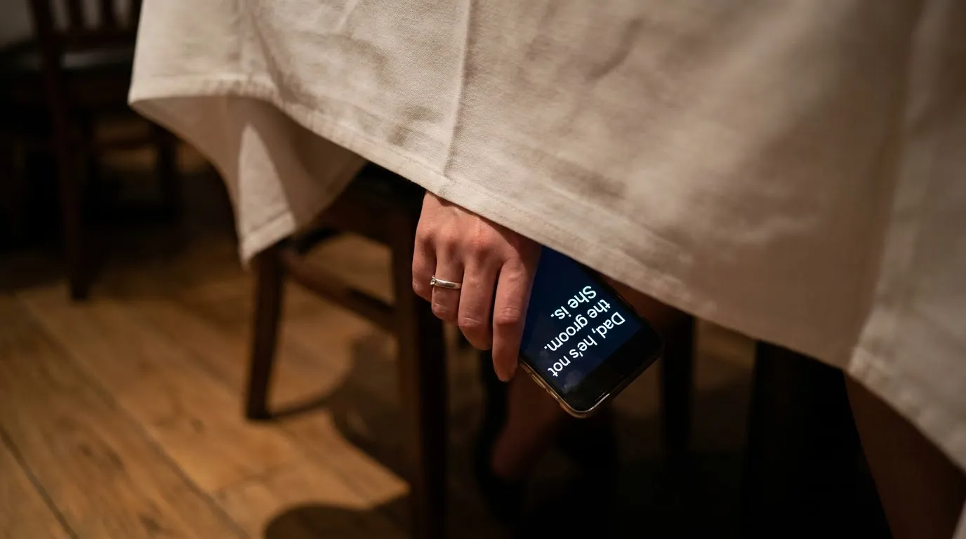 A glowing smartphone hidden under a white tablecloth showing a warning message