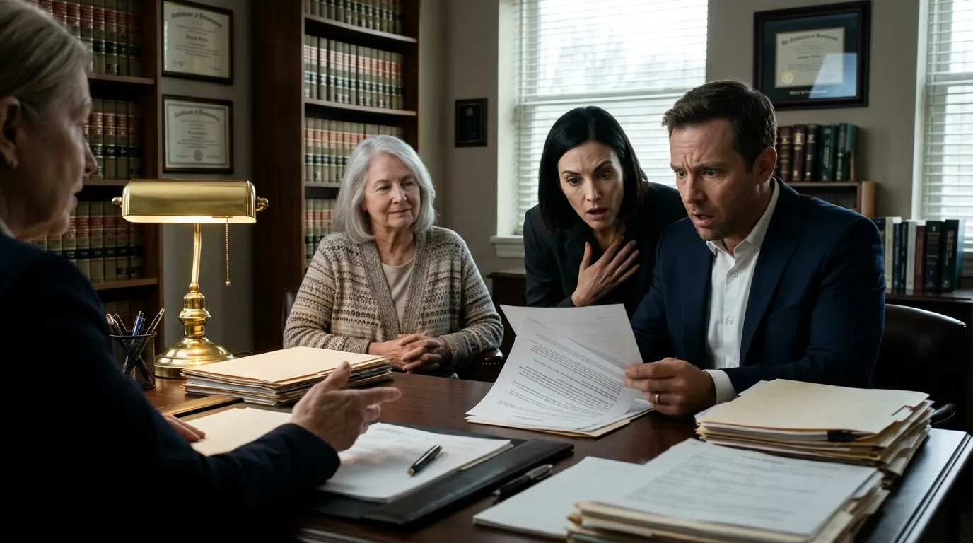 A tense scene in a lawyer's office during a will reading
