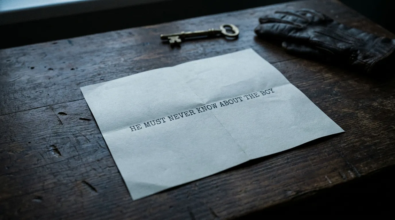 Typed note on a desk reading HE MUST NEVER KNOW ABOUT THE BOY