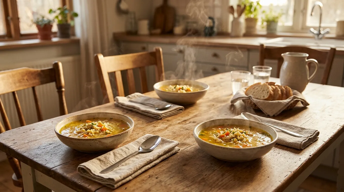 Three bowls of steaming chicken soup with star pasta on a cozy kitchen table