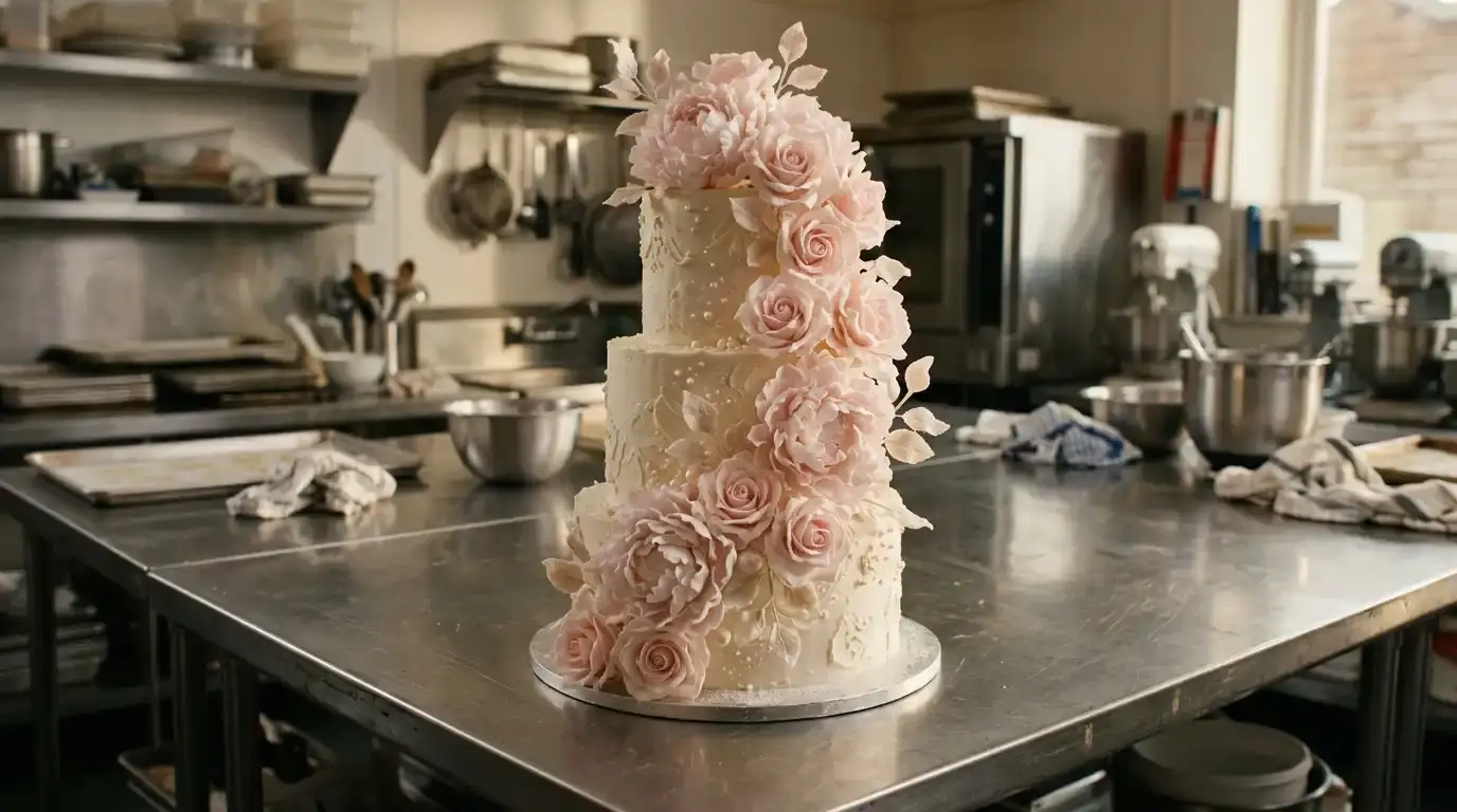 A spectacular three-tier vanilla-bean sponge cake with cascading sugar roses on a stainless-steel counter