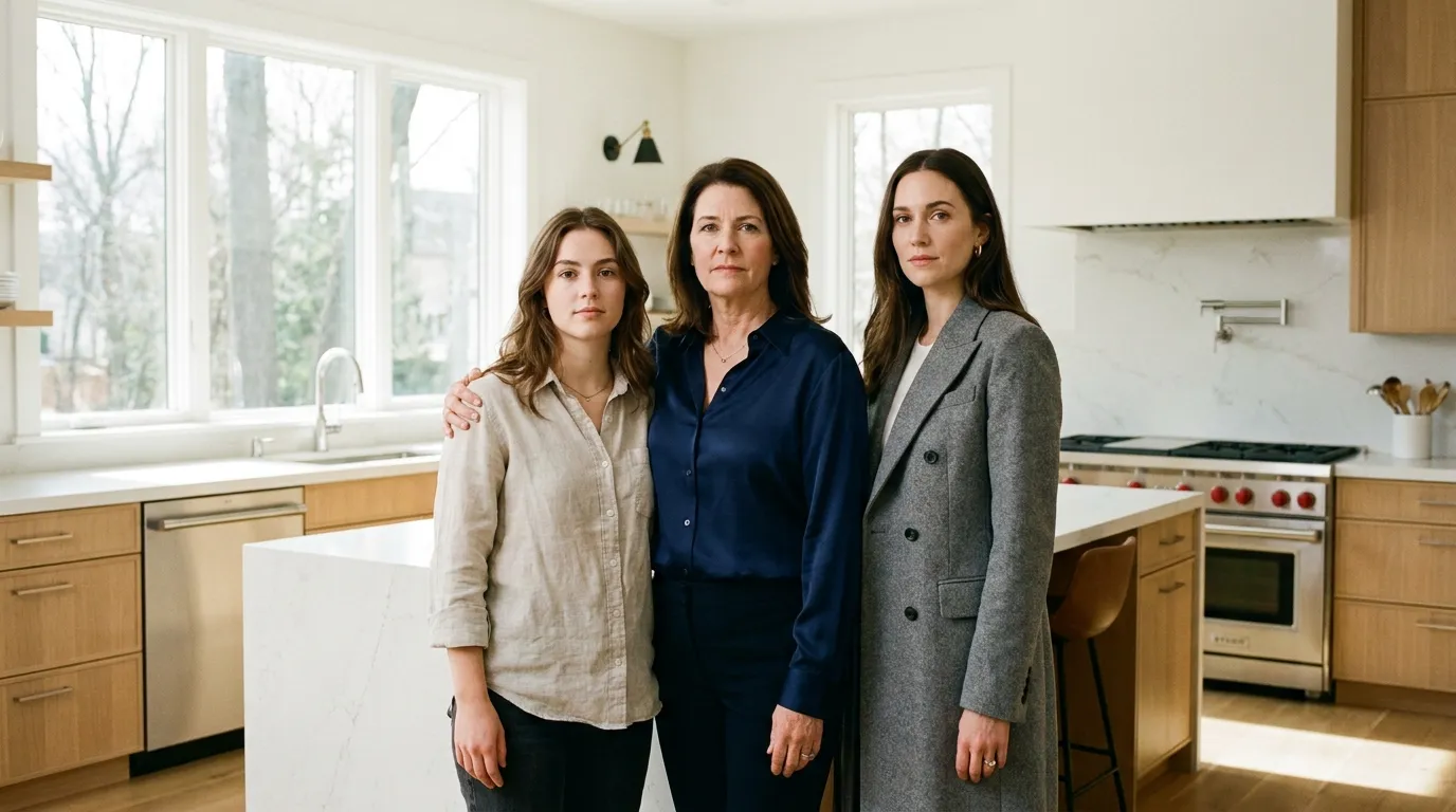 Three women standing unified and resolute in a bright, modern kitchen