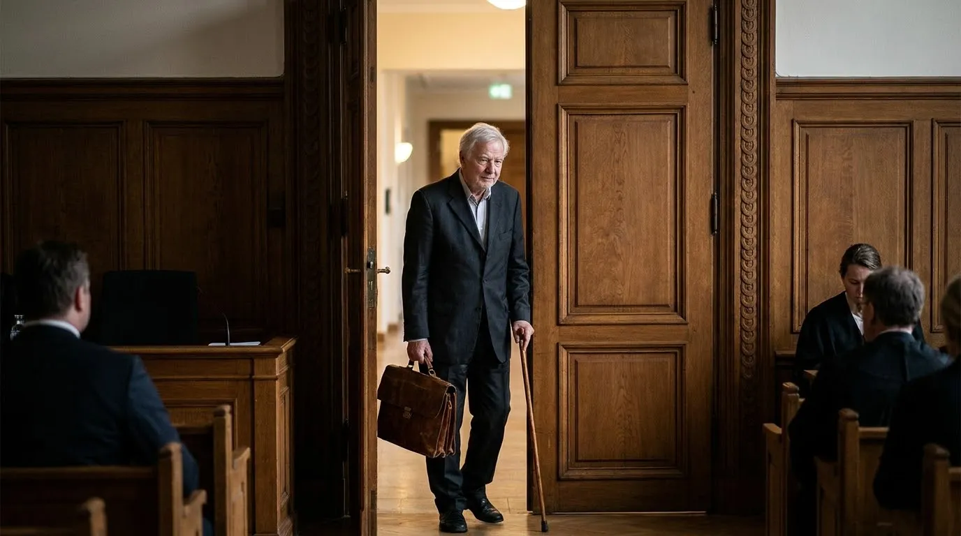 An 80-year-old man in a dark suit standing in the doorway of a courtroom holding a cane