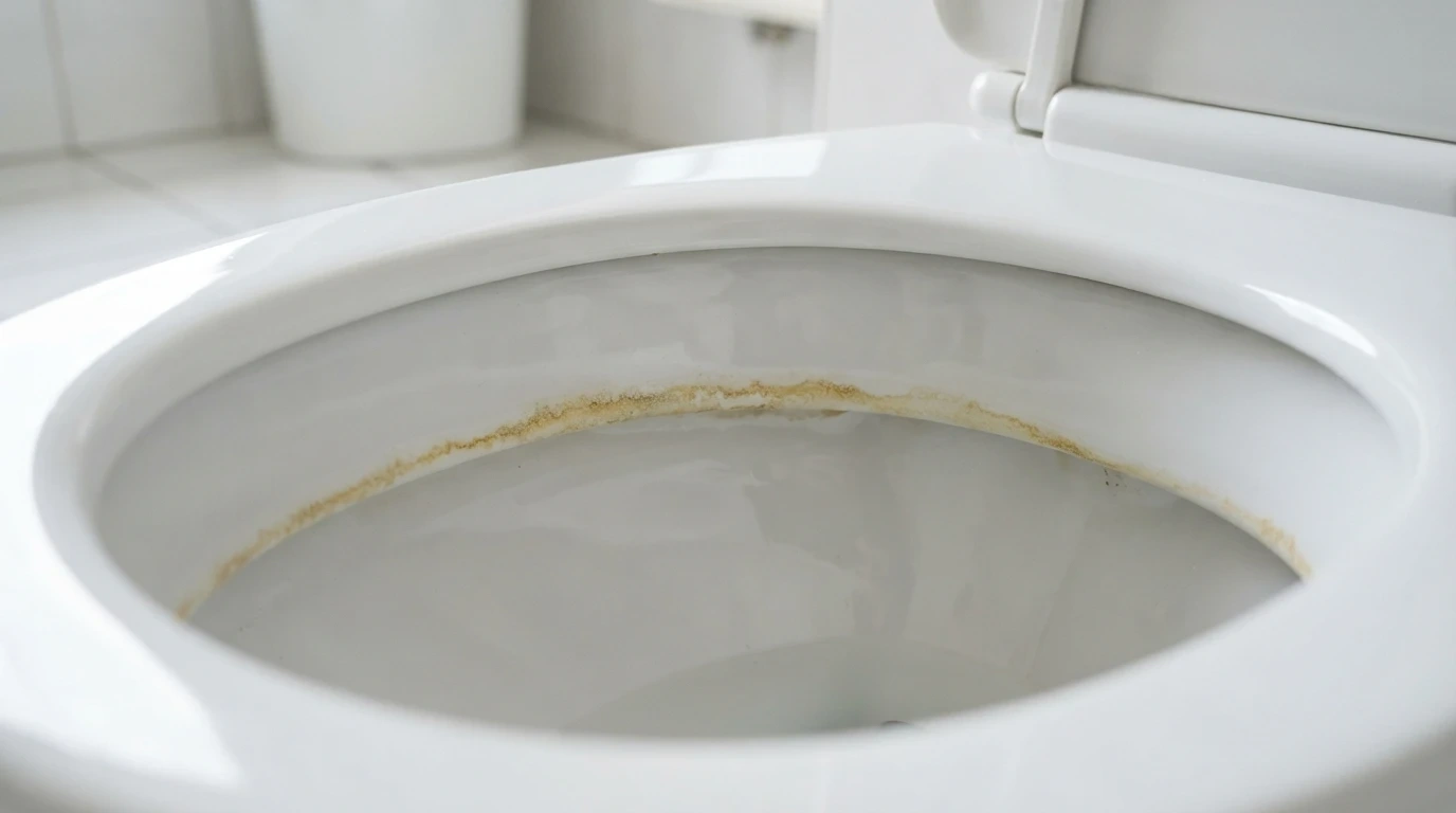 Hard water and mineral buildup lines inside a porcelain toilet bowl