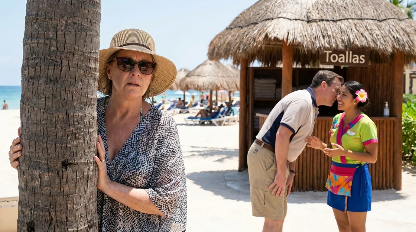 A husband whispering with a young resort dancer near a towel hut