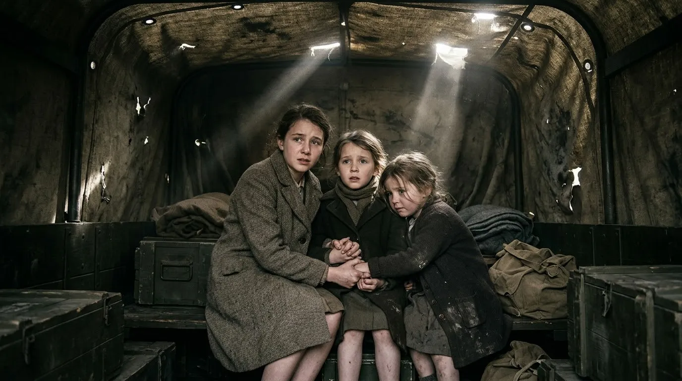 Terrified young women huddled together in the dark back of a canvas-covered transport truck.