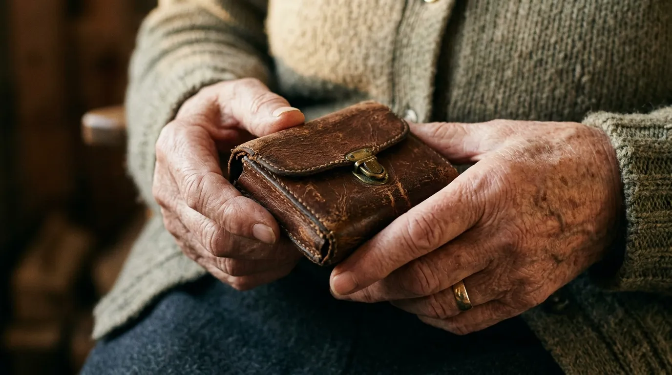 A close-up of a small, worn brown leather case held in the trembling hands of an elderly woman