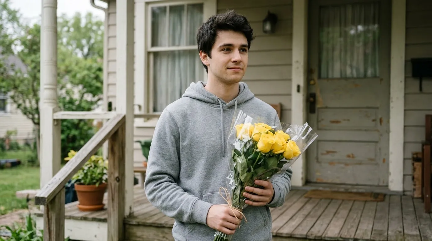 Young man in a hoodie holding a bouquet of yellow roses