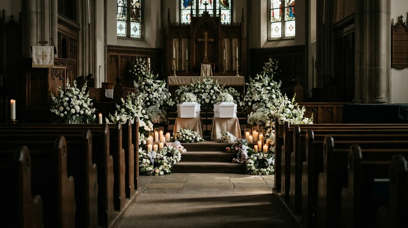 Two tiny white coffins at the front of a dimly lit church surrounded by lilies
