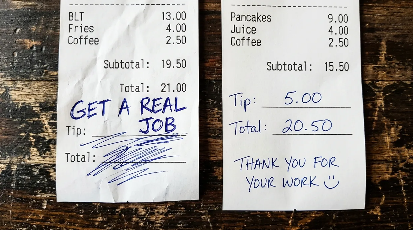Two cafe receipts side-by-side on a wooden table, one reading 'GET A REAL JOB' and the other 'THANK YOU FOR YOUR WORK'