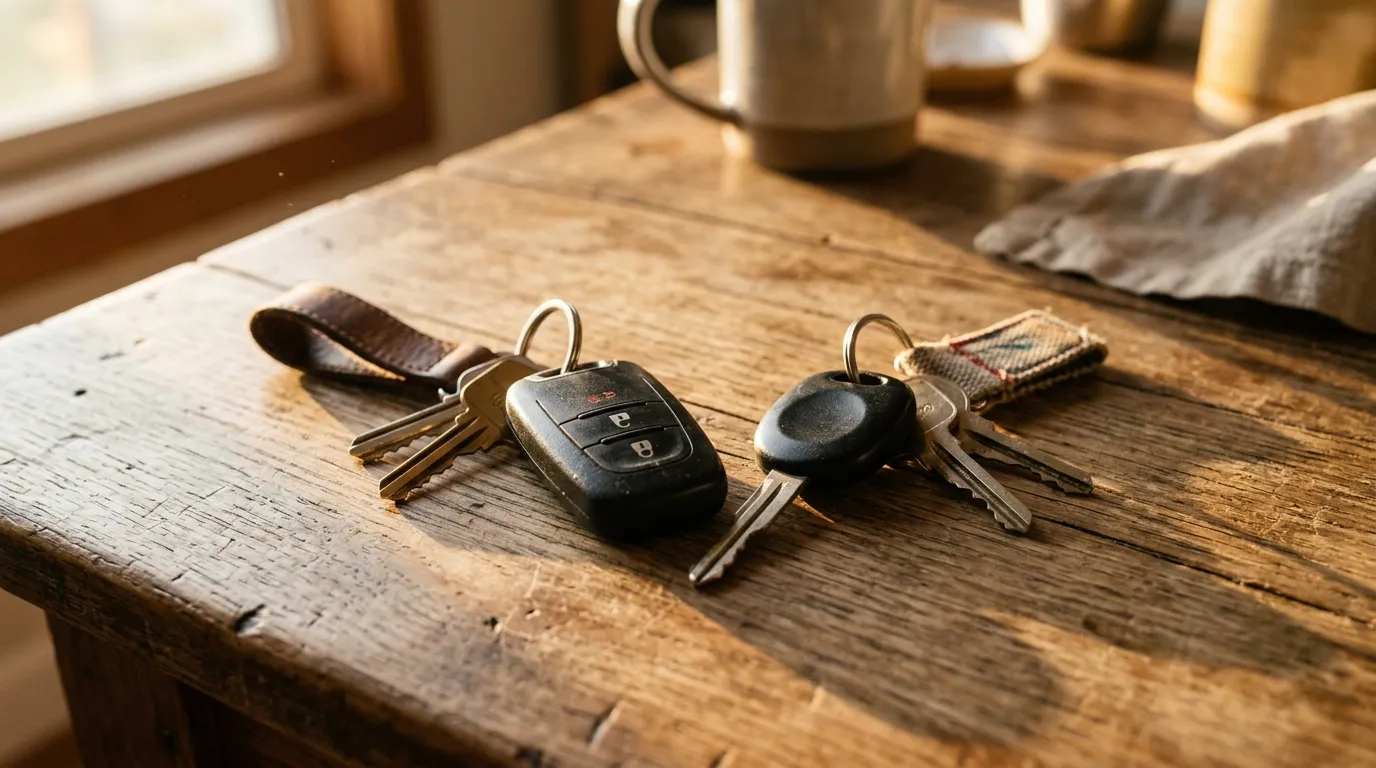 Two sets of car keys resting side by side on a wooden kitchen table in morning light