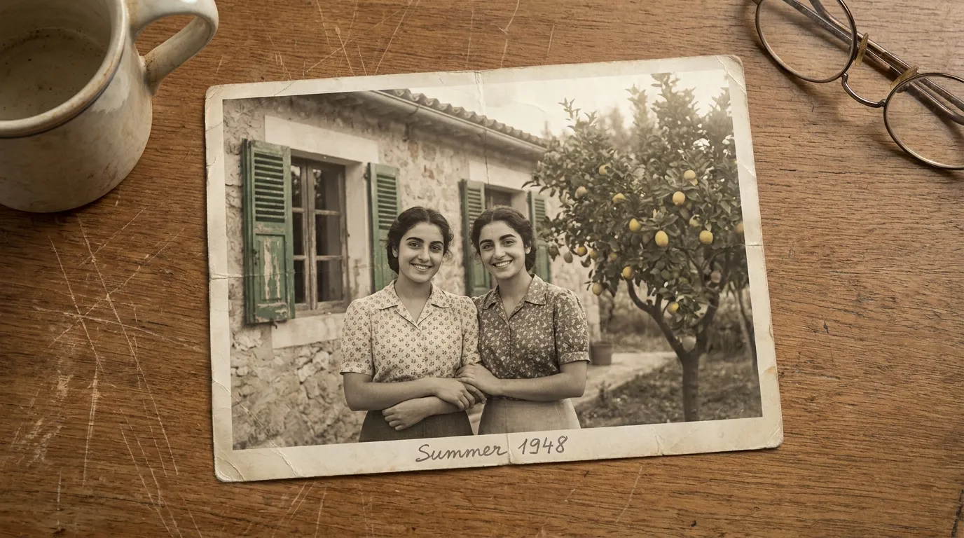 Vintage photograph of two sisters standing together outside a house
